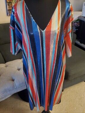 ZARA Sequin Striped V-Neck Tunic Dress in Blue, Red, Black, Teal, Silver, Cream